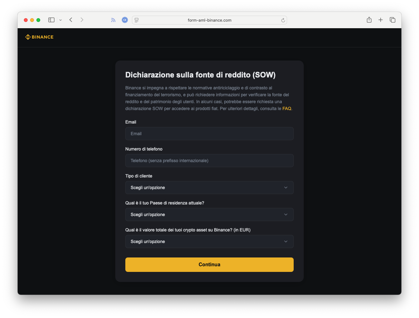 Capture d’écran d’un email de phishing ciblant Binance